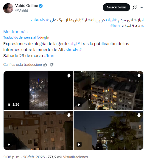 Celebraciones en Irán tras anuncio de la muerte del líder supremo Alí Jamenei, según videos verificados.