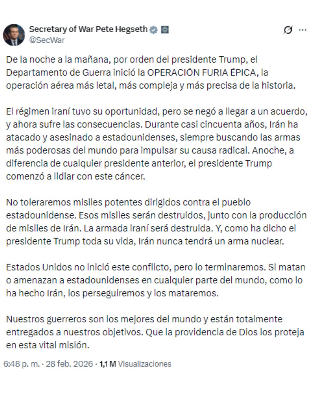 Muerte del ayatolá Jamenei es un mensaje a enemigos de EEUU: "Los mataremos", dice secretario de Defensa