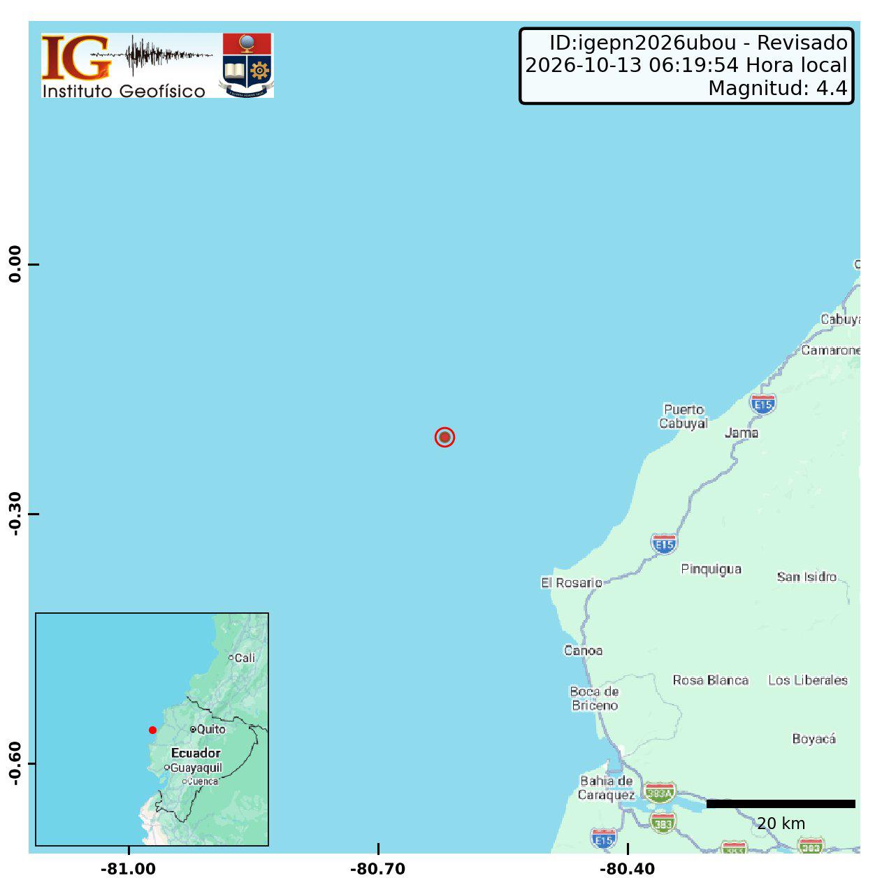 Sismo de magnitud 4,4 se registró frente a las costas de Manabí