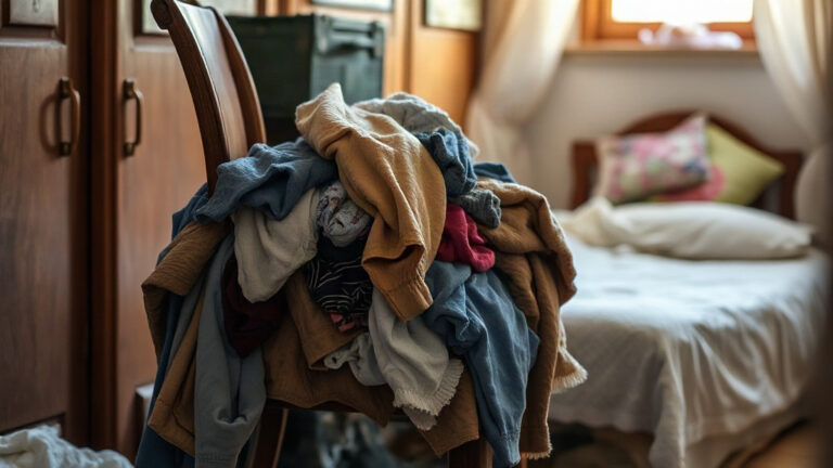 Adiós ropa amontonada silla del