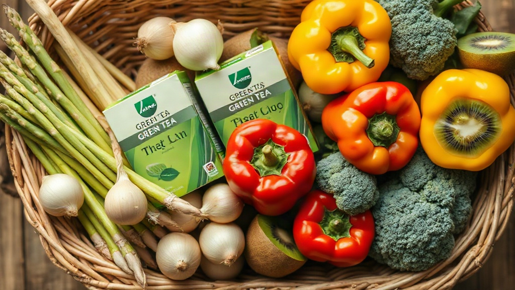 canasta con cebollas, espárragos, té verde, pimientos, brócoli, kiwi